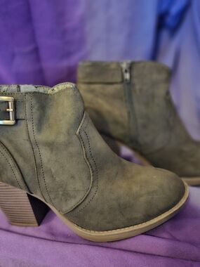 Soda Olive Taupe Suede-Look Ankle Booties with Buckle
